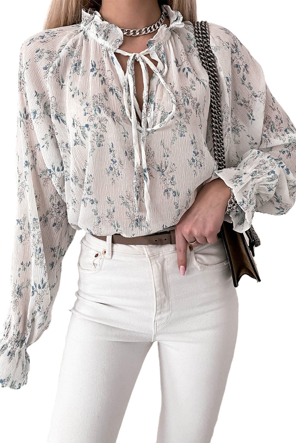 White Floral Lace Up Long Sleeve Crinkle Blouse Tops & Tees JT's Designer Fashion