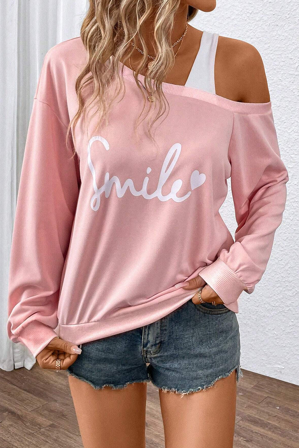 Light Pink Smile Heart Graphic Asymmetrical Long Sleeve Top Pre Order Tops JT's Designer Fashion