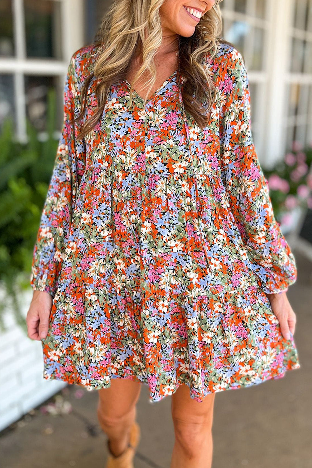 Multicolor Floral Tie Neck Long Sleeve Flared Dress Dresses JT's Designer Fashion