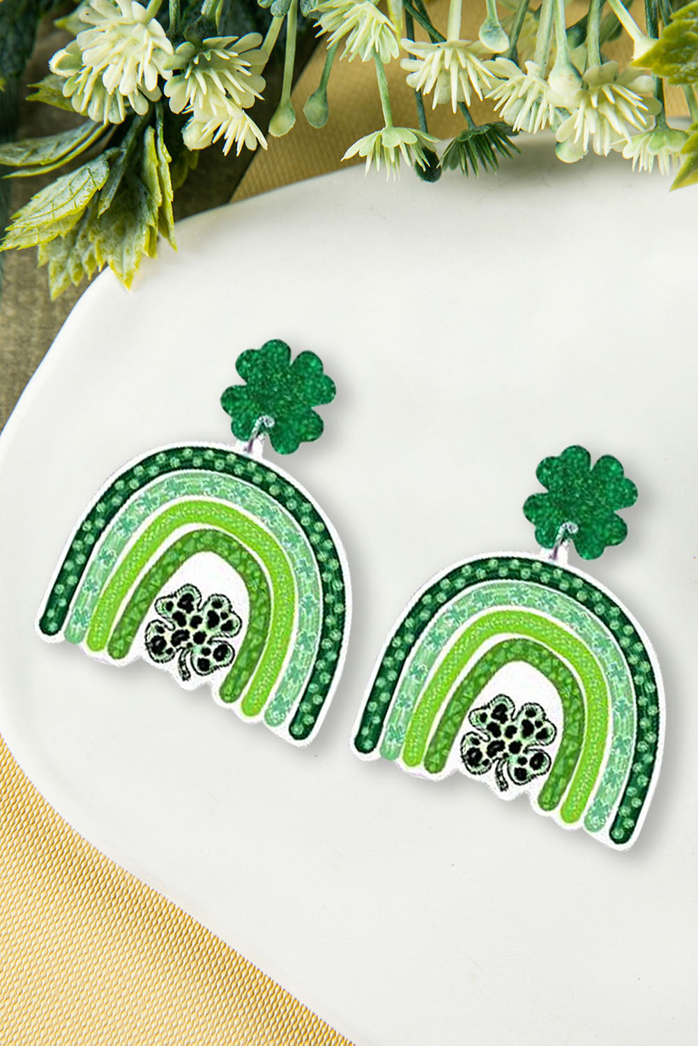 Green Glitter Clover Rainbow Pattern St Patrick Earrings Jewelry JT's Designer Fashion