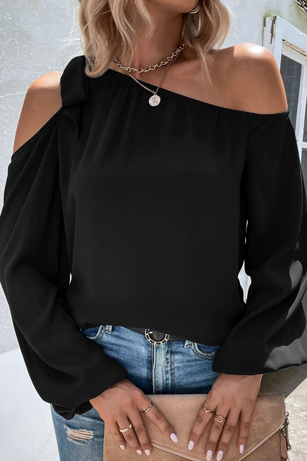 Black Knotted Asymmetric Off Shoulder Blouse Tops & Tees JT's Designer Fashion