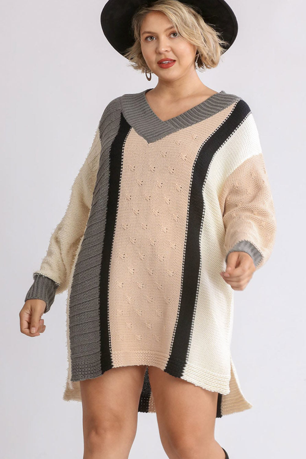 Apricot Mix Pattern Knit Color Block Plus Size Sweater Dress Plus Size JT's Designer Fashion