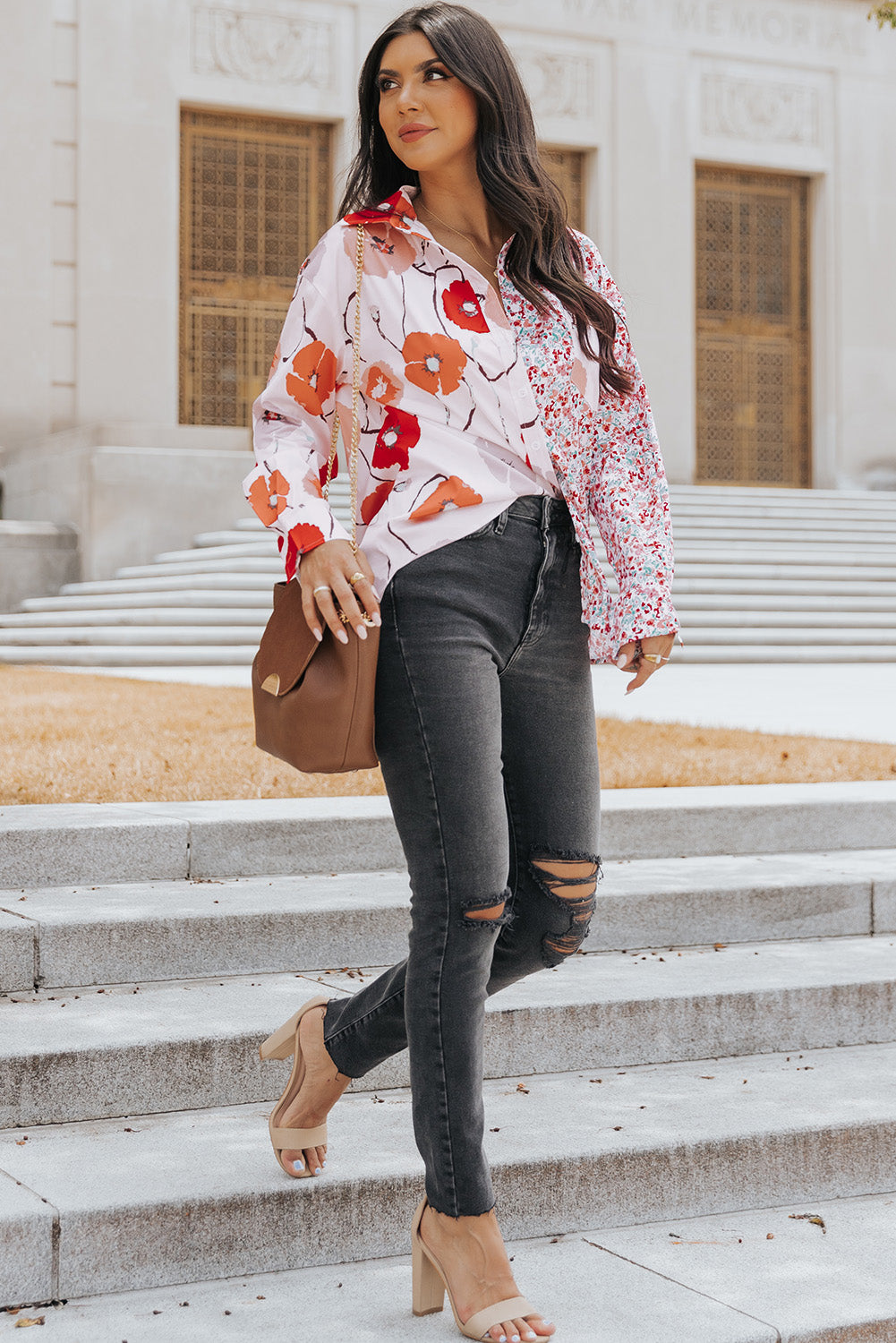 Red Floral Patchwork Buttoned Shirt with Pocket Blouses & Shirts JT's Designer Fashion