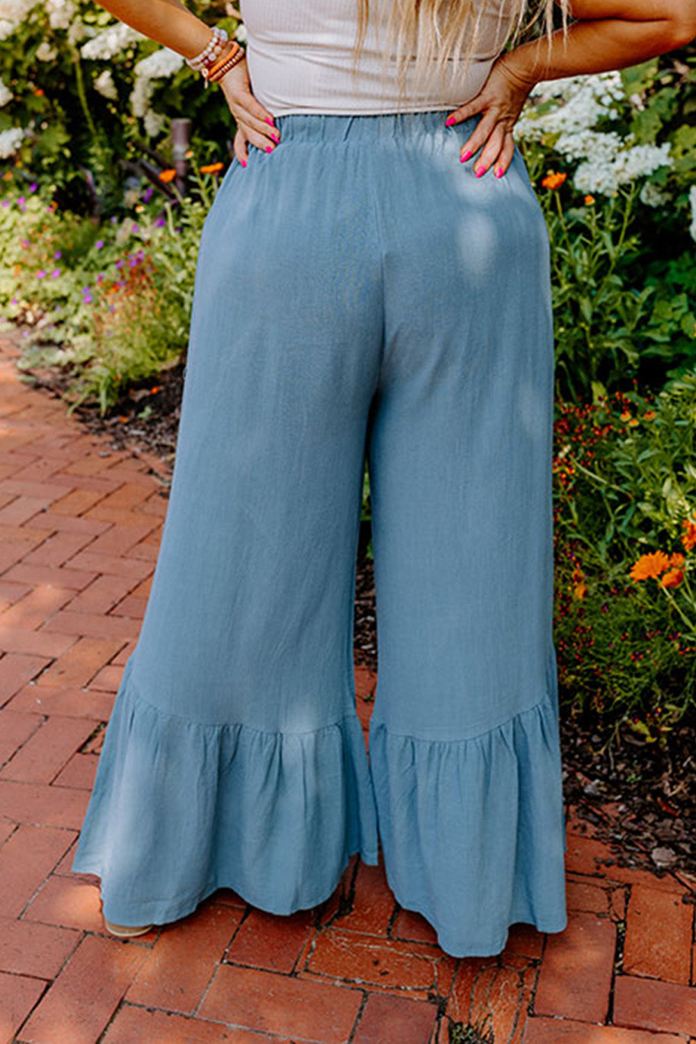 Sky Blue High Waist Ruffled Wide Leg Trousers Plus Size JT's Designer Fashion