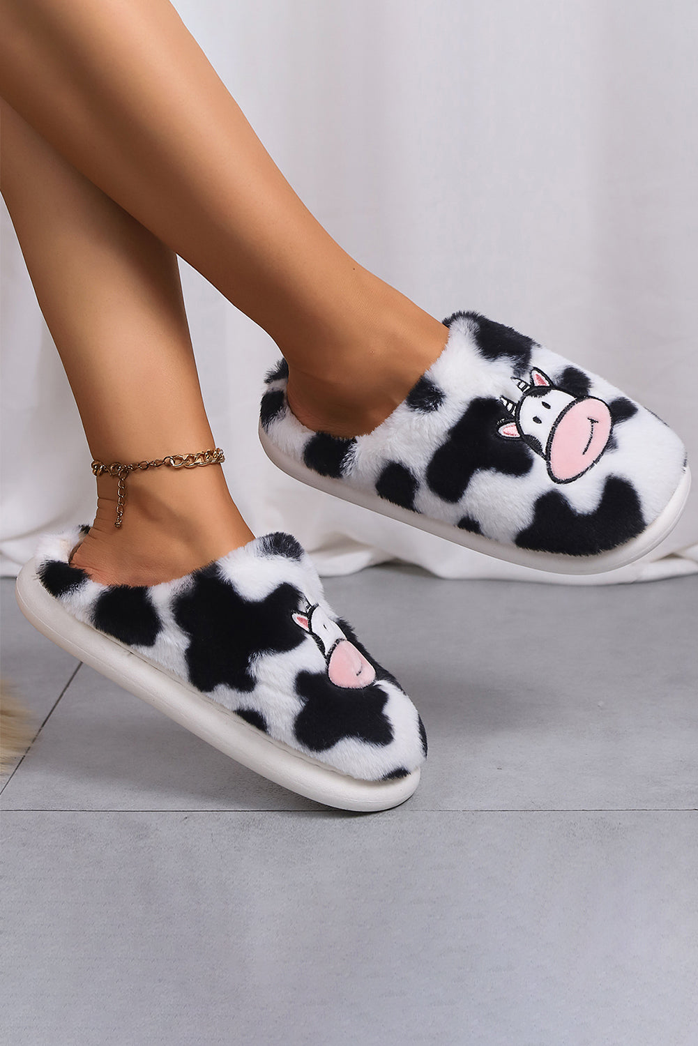 Bright White Cartoon Cow Embroidered Fuzzy Home Slippers Slippers JT's Designer Fashion