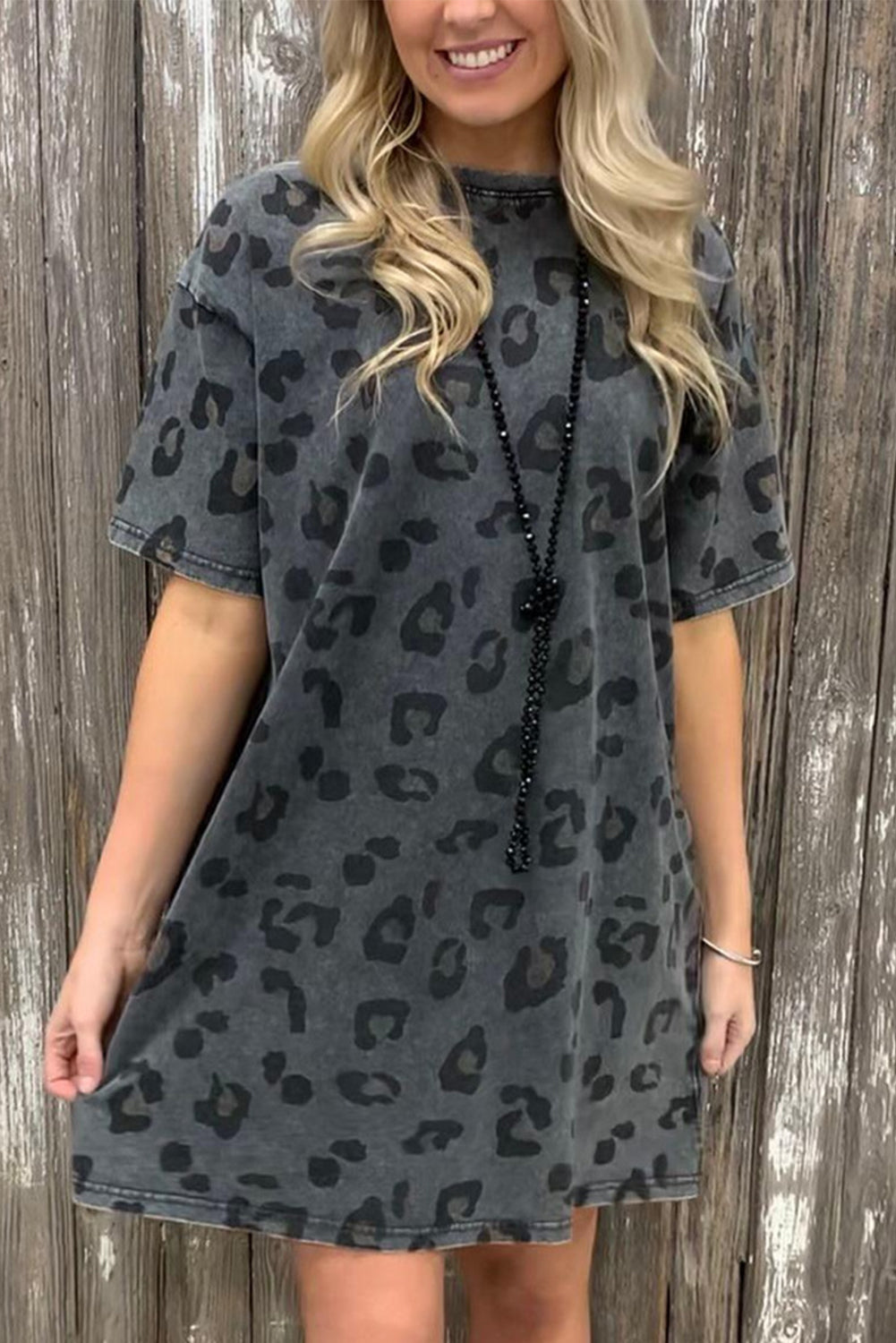 Gray Vintage Washed Leopard T-Shirt Dress with Pockets T Shirt Dresses JT's Designer Fashion