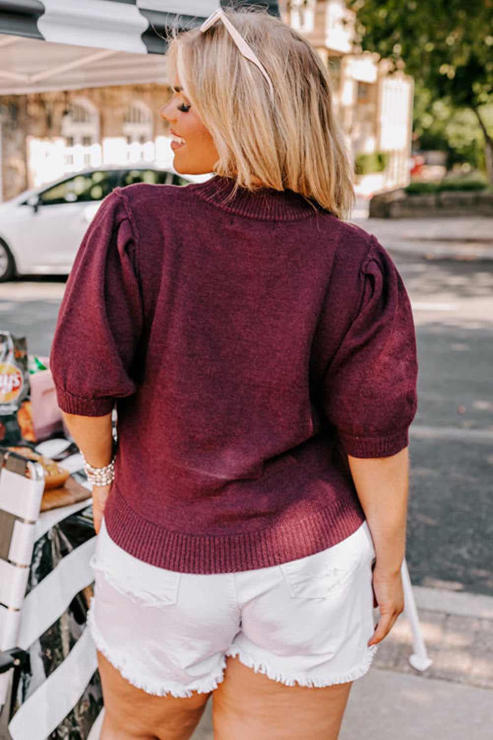 Biking Red Plus Size Touch Down Knit Short Puff Sleeve Sweater Plus Size JT's Designer Fashion