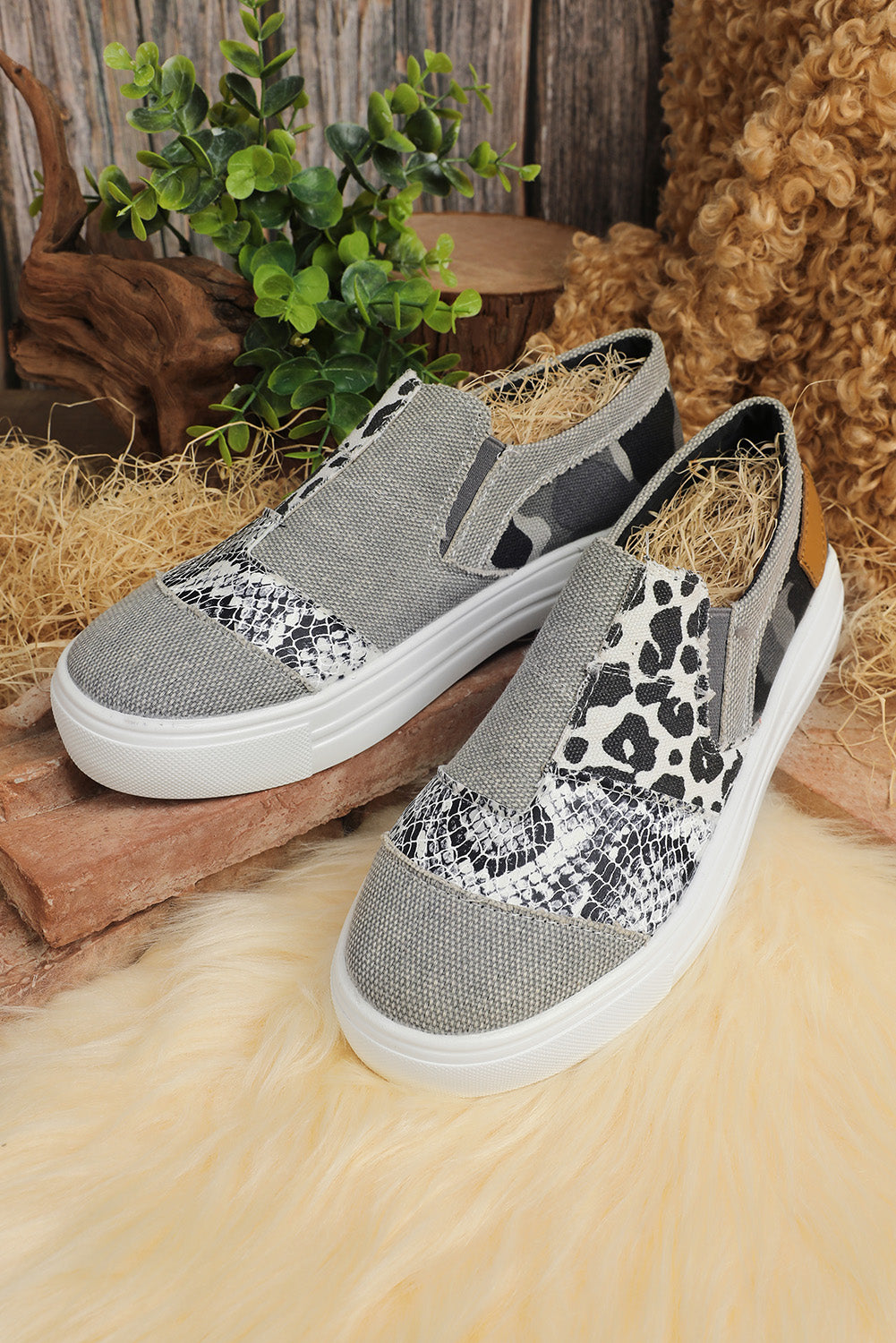 Gray Snake Leopard Mixed Print Slip-on Canvas Shoes Women's Shoes JT's Designer Fashion