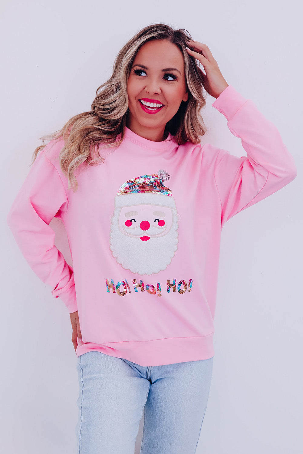 Pink HO HO HO Sequined Santa Claus Sweatshirt Graphic Sweatshirts JT's Designer Fashion