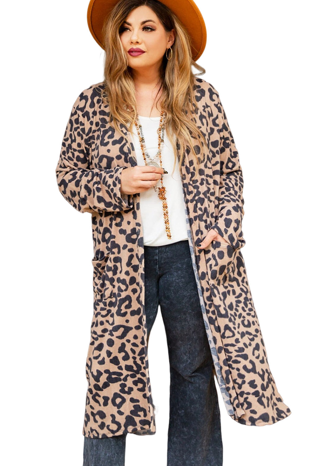 Leopard Plus Size Open Front Pocketed Long Cardigan Plus Size JT's Designer Fashion