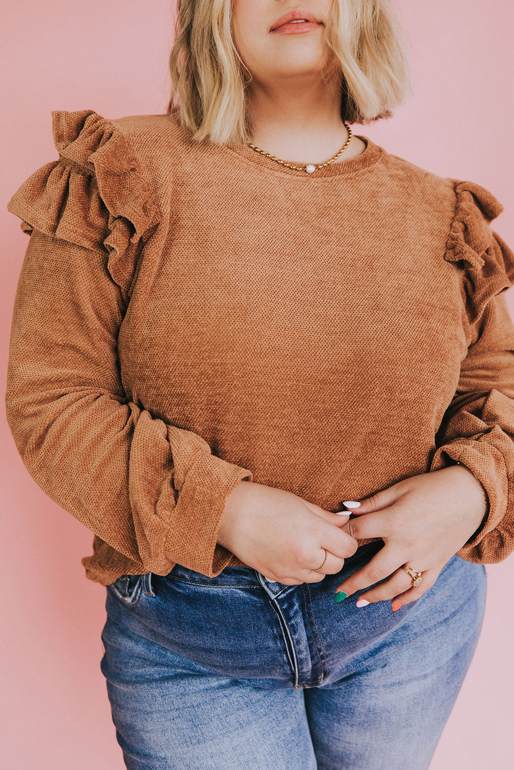 Brown Plus Size Ruffled Long Sleeve Top Plus Size JT's Designer Fashion