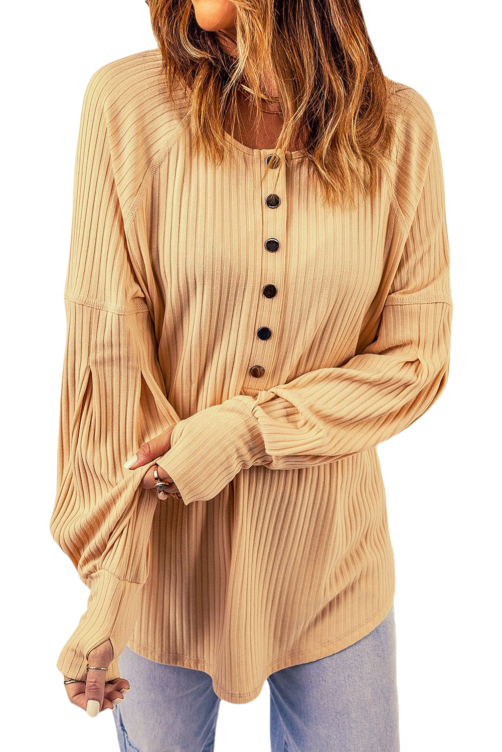 Apricot Ribbed Textured Thumbhole Puff Sleeve Pullover Long Sleeve Tops JT's Designer Fashion