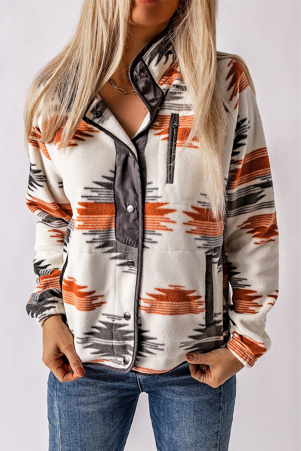 Gray Printed Aztec Print Stand Neck Buttoned Plus Size Jacket Plus Size JT's Designer Fashion