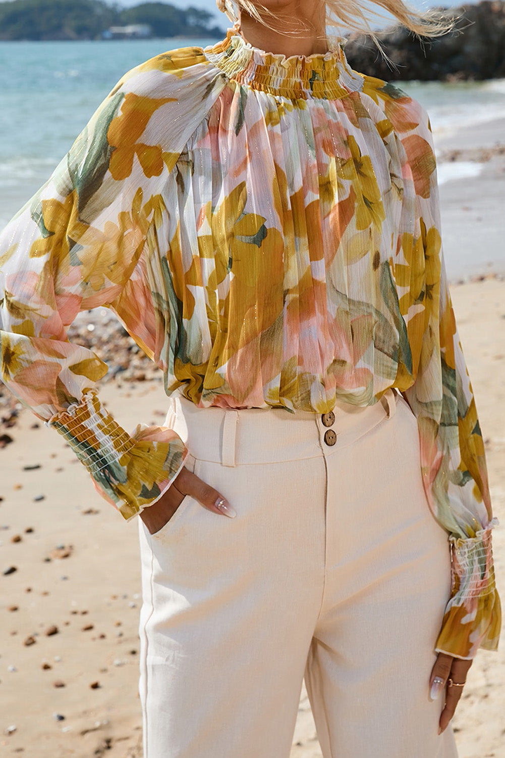 Yellow Floral Flounce Sleeve Smocked Neck Pleat Blouse Tops & Tees JT's Designer Fashion