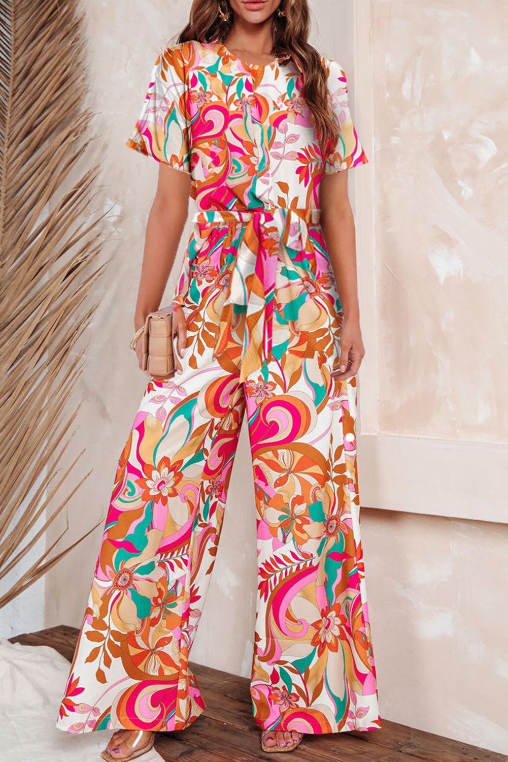 Multicolor Floral Abstract Print Belted Keyhole Back Jumpsuit Bottoms JT's Designer Fashion