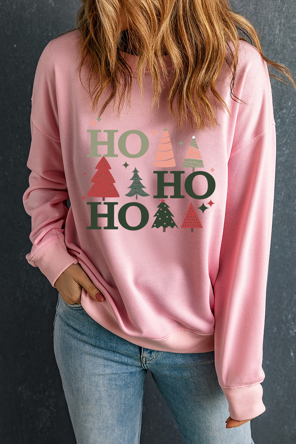 Pink Christmas Tree HO Graphic Pullover Sweatshirt Graphic Sweatshirts JT's Designer Fashion