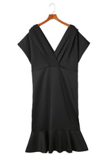 Black Plus Size Pleated V Neck Ruffle Hem Bodycon Dress Plus Size Dresses JT's Designer Fashion