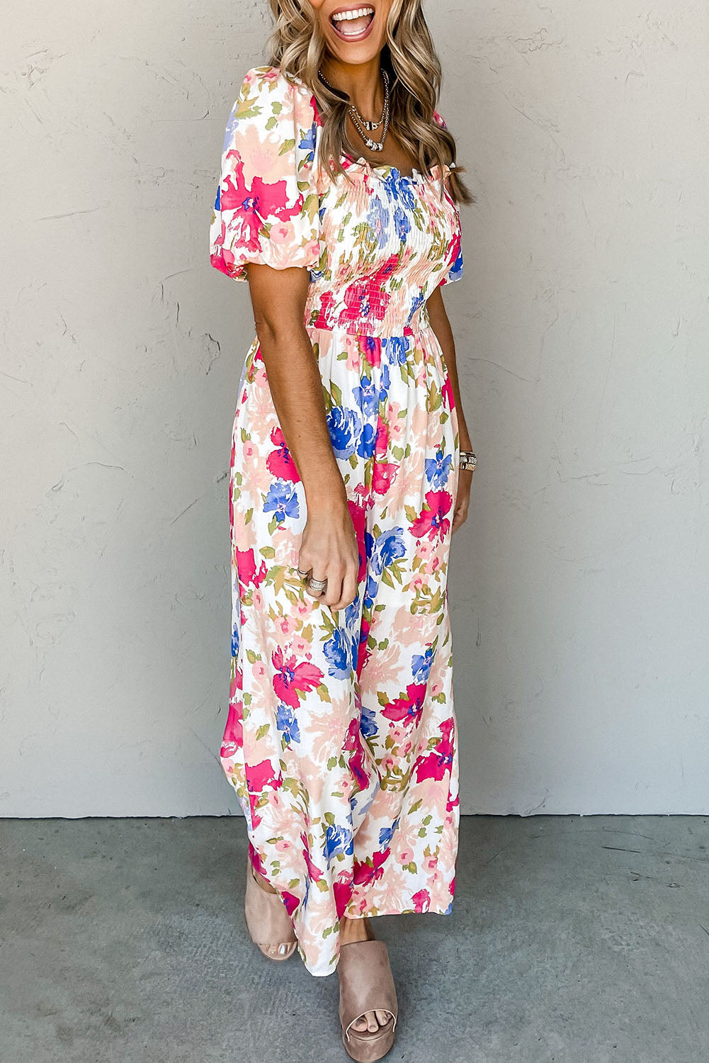 Multicolor Floral Print Smocked Puff Sleeve Jumpsuit Jumpsuits & Rompers JT's Designer Fashion