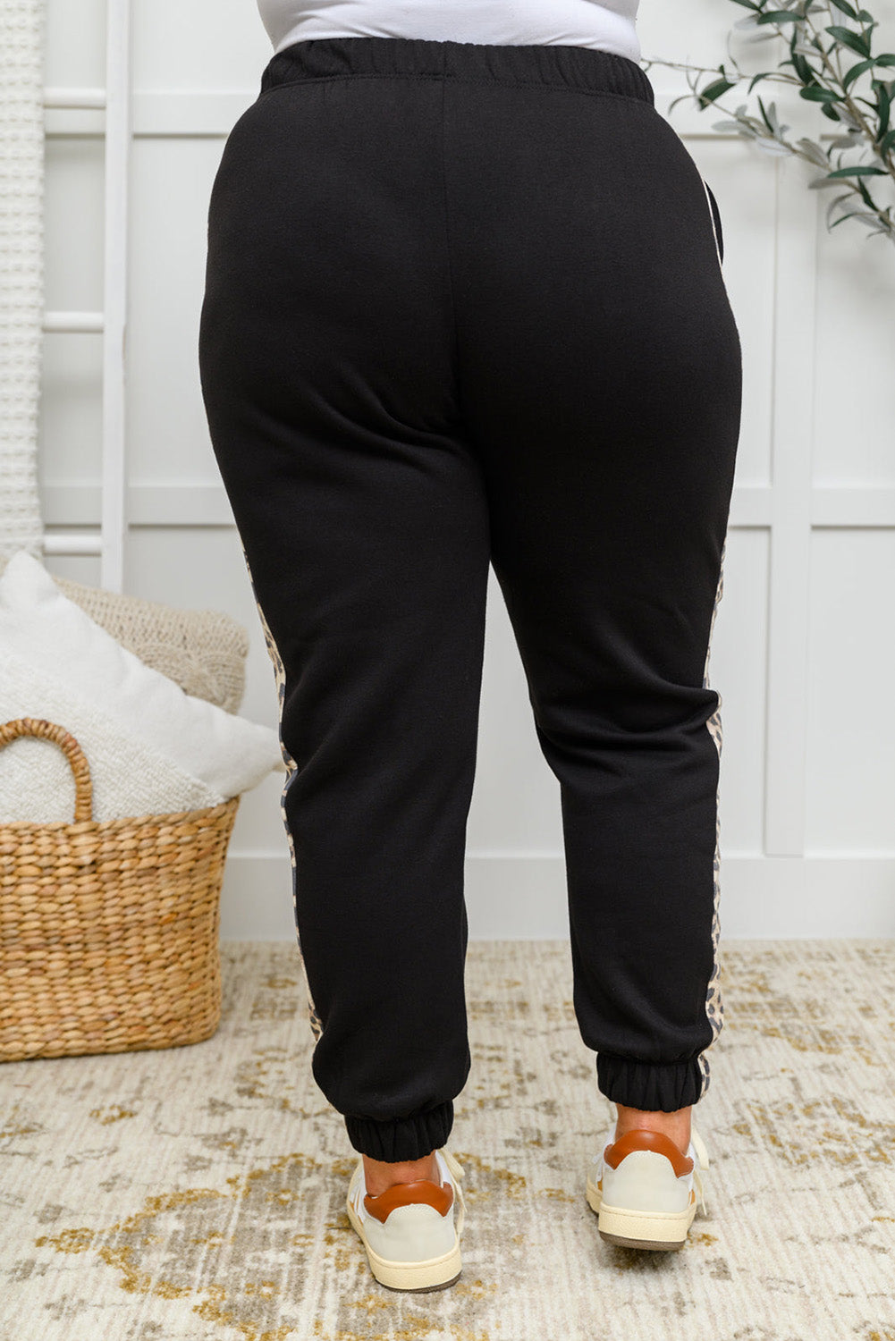 Black Contrast Leopard Side Panel Plus Size Sweatpants Plus Size JT's Designer Fashion