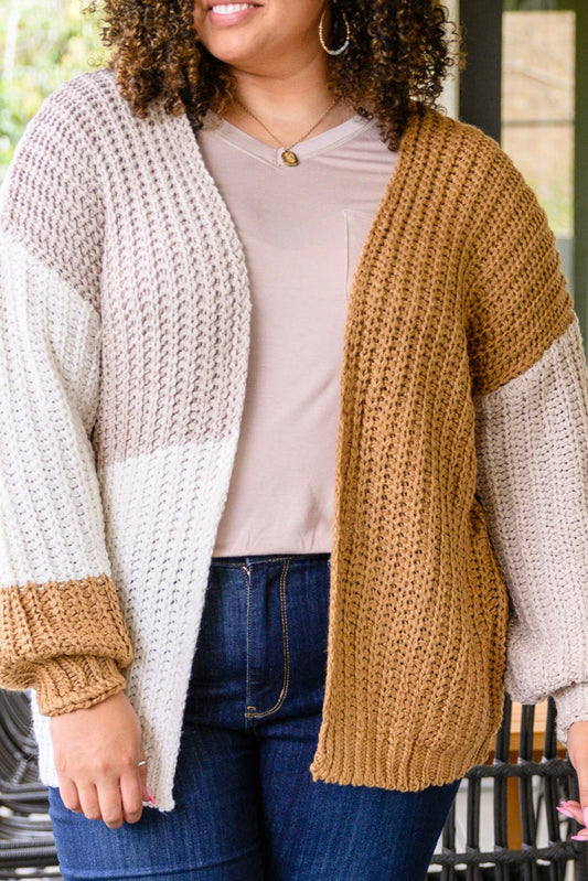 White Color Block Open Front Cable Knit Plus Size Cardigan Plus Size JT's Designer Fashion