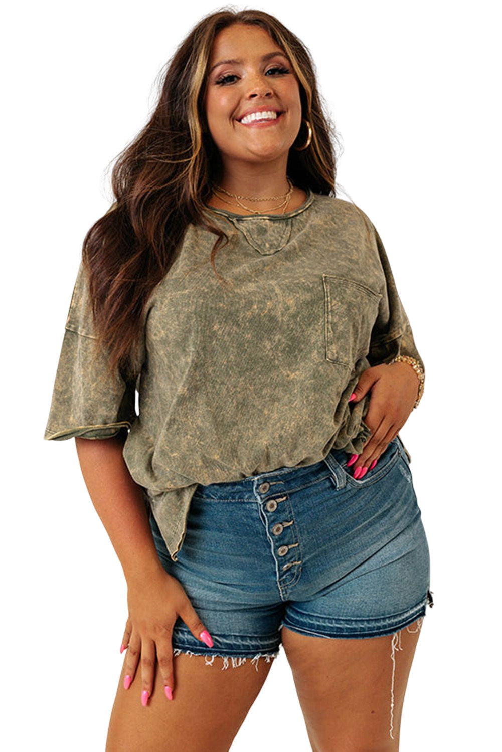 Green Plus Size Mineral Wash Seamed Short Sleeve T Shirt Plus Size JT's Designer Fashion