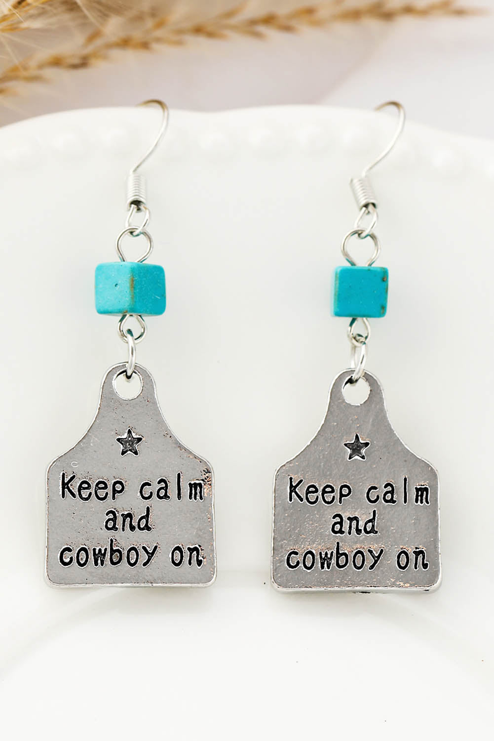 Silver Slogan Lettering Turquoise Drop Earrings Jewelry JT's Designer Fashion