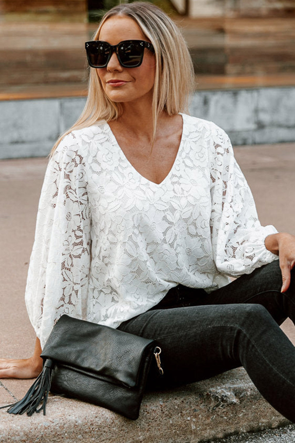 White Floral Lace Crochet Loose Fit V Neck Top Tops & Tees JT's Designer Fashion