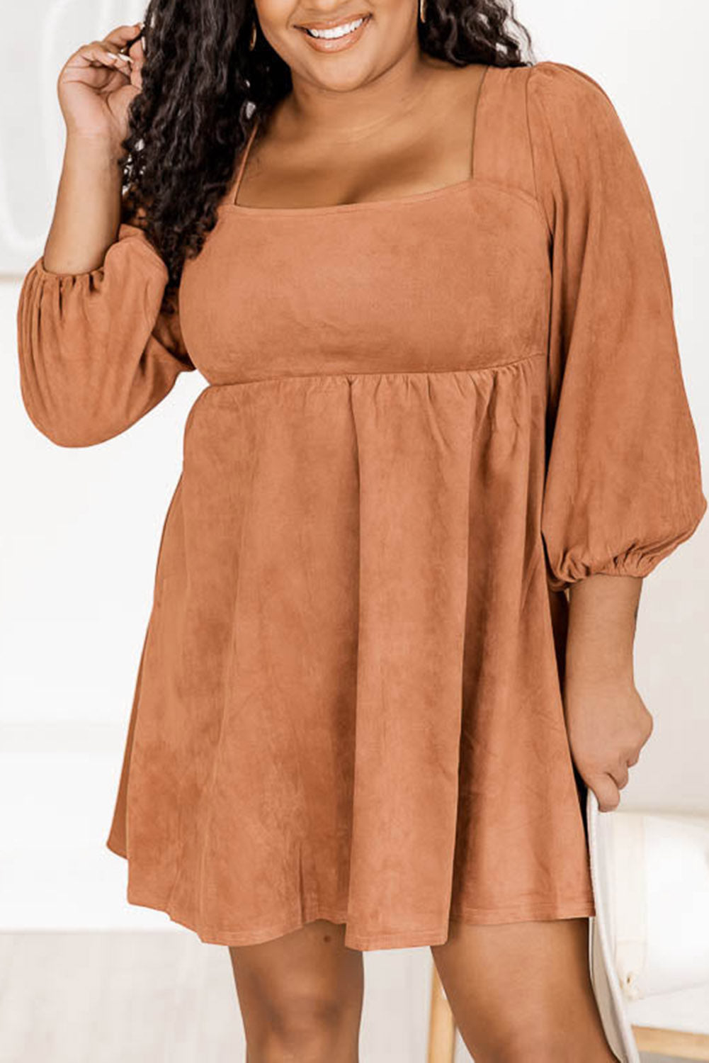 Chestnut Plus Size Suede Square Neck Balloon Sleeve Dress Plus Size JT's Designer Fashion