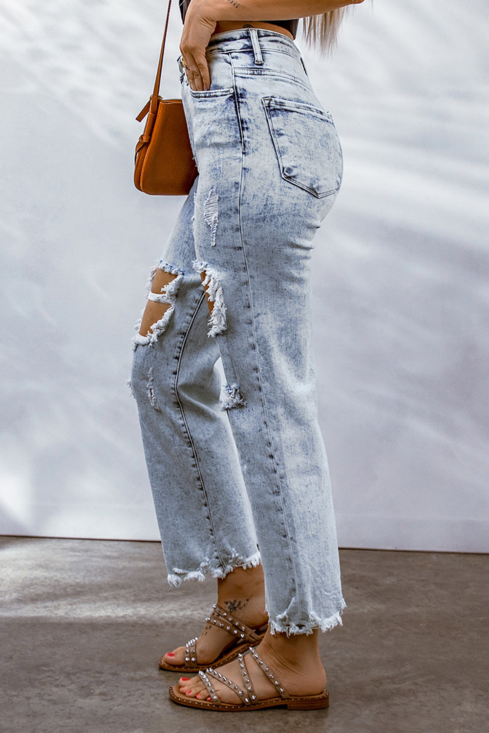 Sky Blue Hollow-out Light Washed Ripped Boyfriend Jeans Jeans JT's Designer Fashion