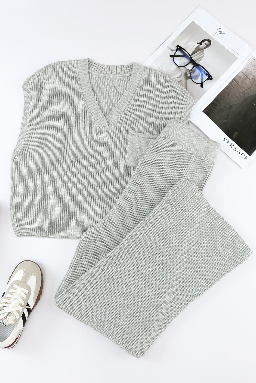 Gray Knitted V Neck Sweater and Casual Pants Set Bottoms JT's Designer Fashion