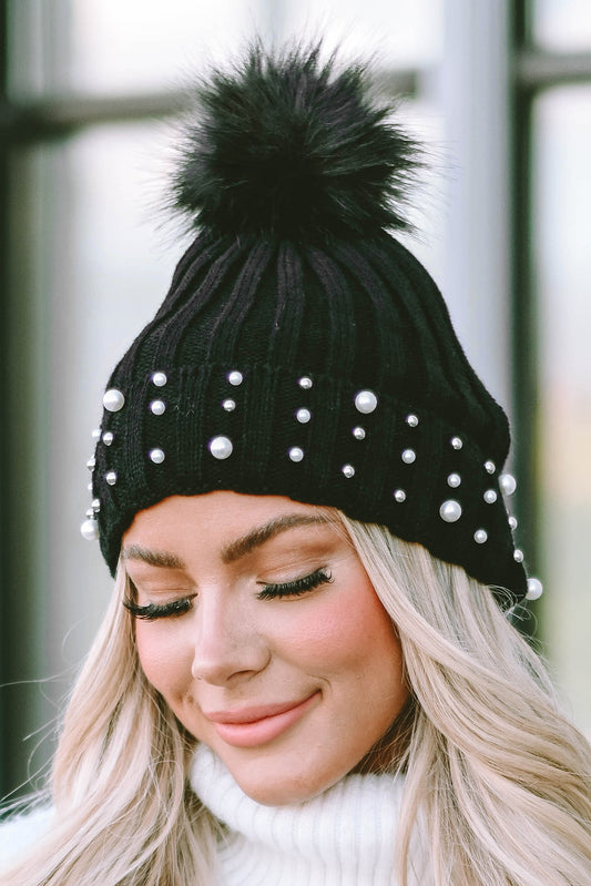 Black Faux Pearl & Pompom Decor Cuff Beanie Hats & Caps JT's Designer Fashion