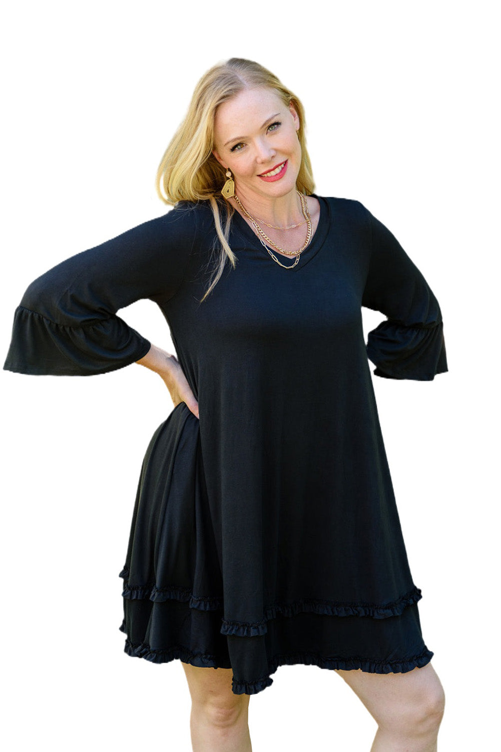 Black Plus Size Ruffled Trim 3/4 Sleeve A-line Dress Plus Size JT's Designer Fashion