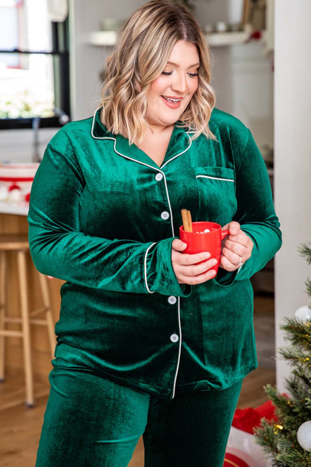 Green Contrast Trim Button-Up Shirt and Pants Plus Size Lounge Set Plus Size JT's Designer Fashion