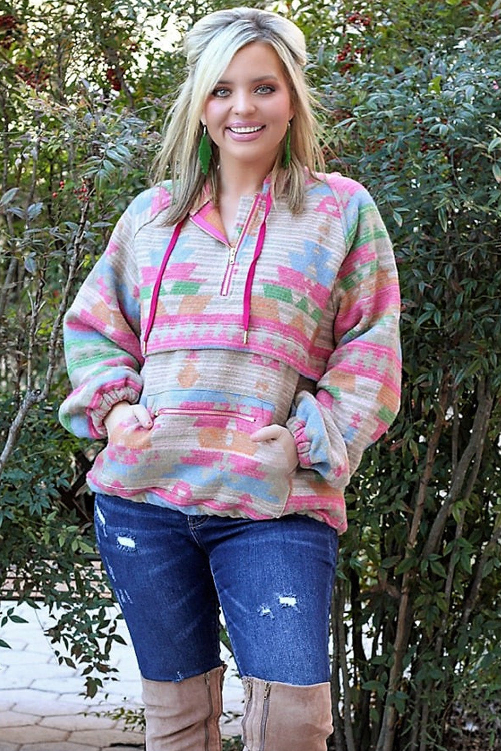 Multicolor Plus Size Western Aztec Geometric Pattern Zip up Hoodie Plus Size JT's Designer Fashion