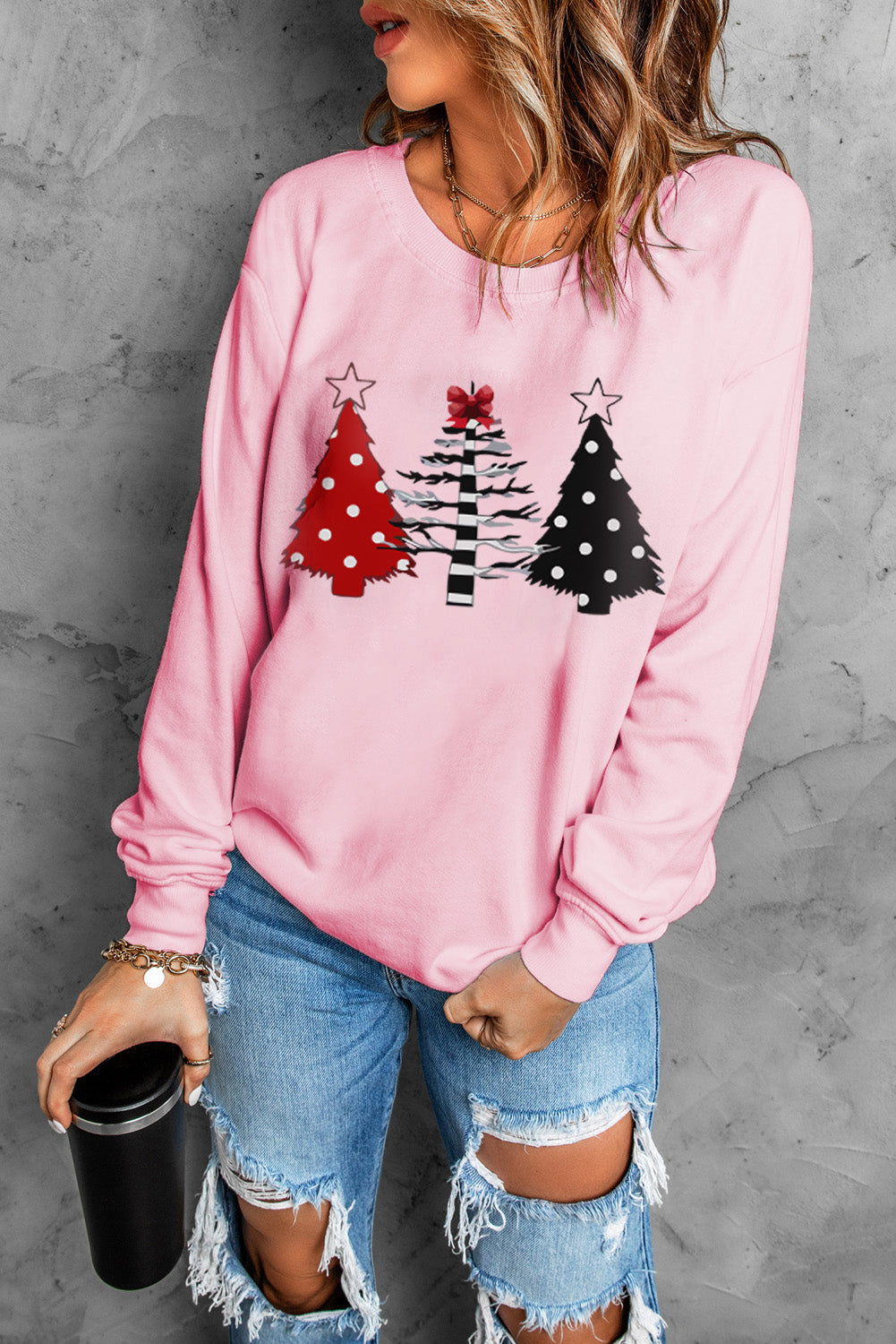 Pink Christmas Tree Graphic Print Pullover Sweatshirt Graphic Sweatshirts JT's Designer Fashion