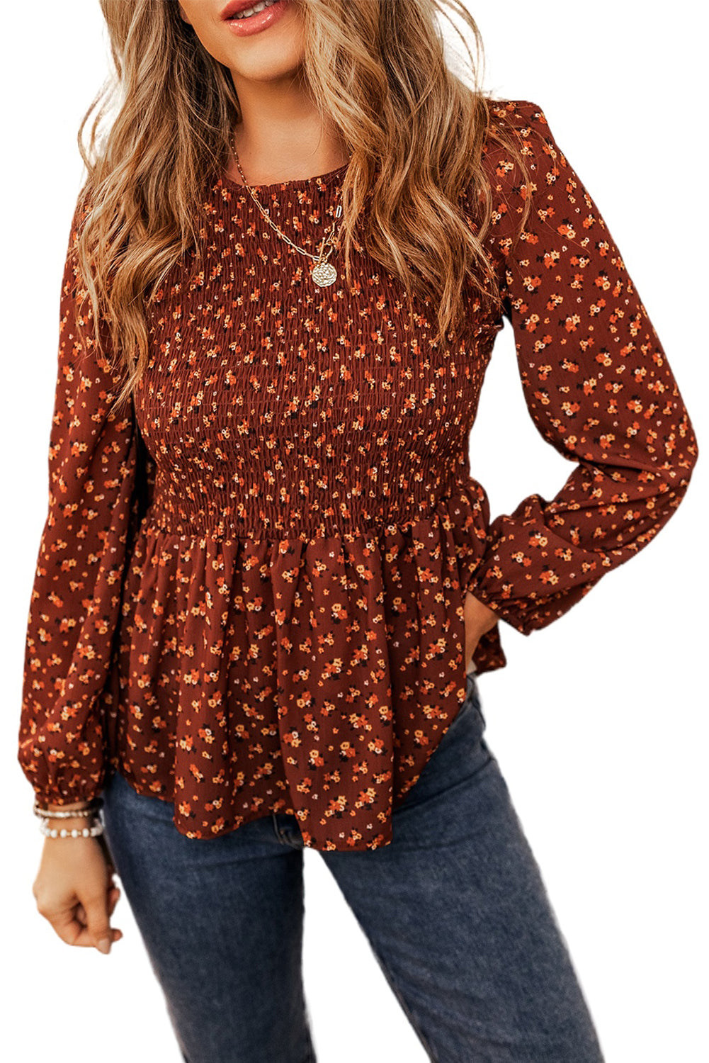 Printed Boho Floral Smocked Bust Ruffled Peplum Blouse Tops & Tees JT's Designer Fashion