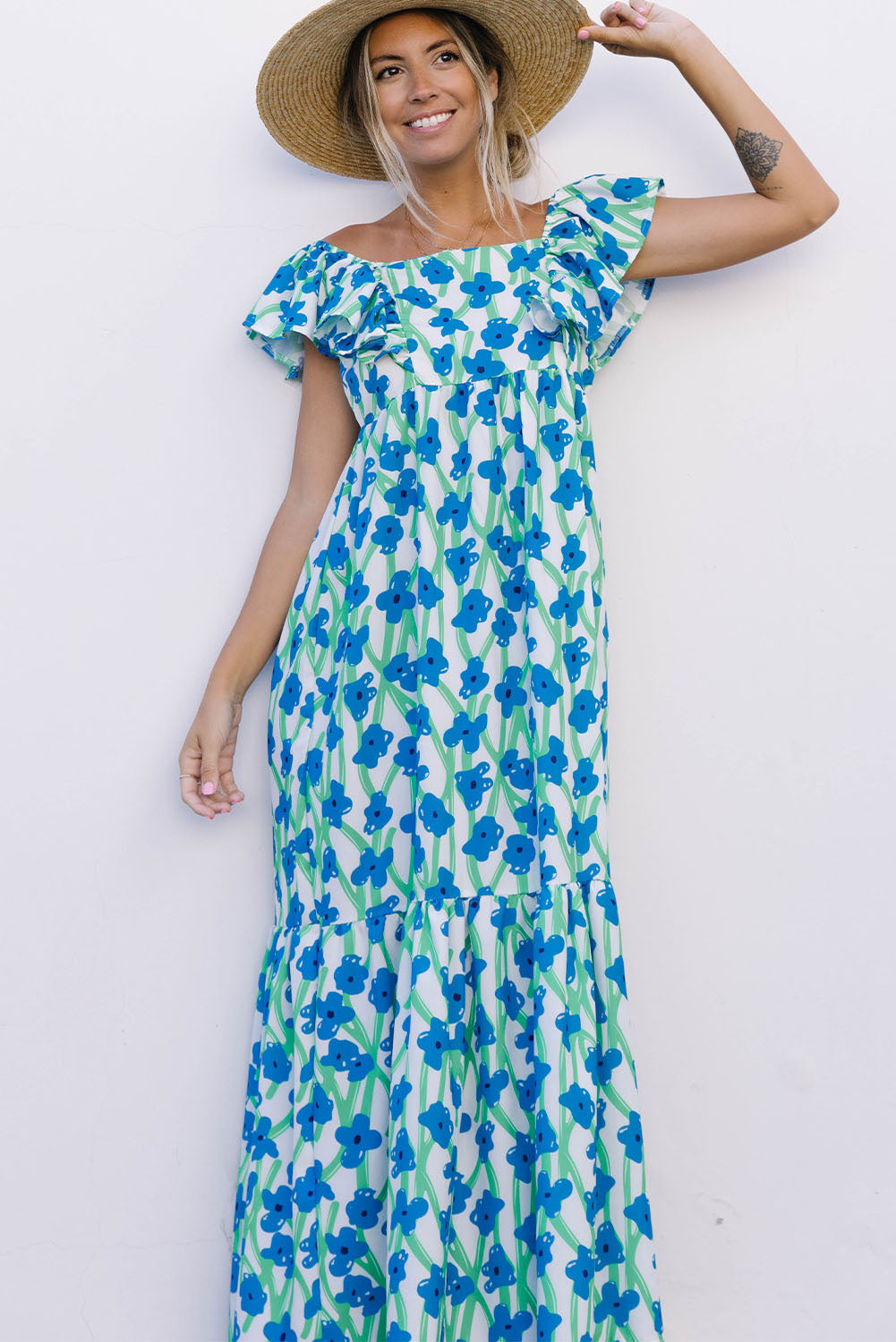 Sky Blue Boho Floral Print Maxi Dress Maxi Dresses JT's Designer Fashion