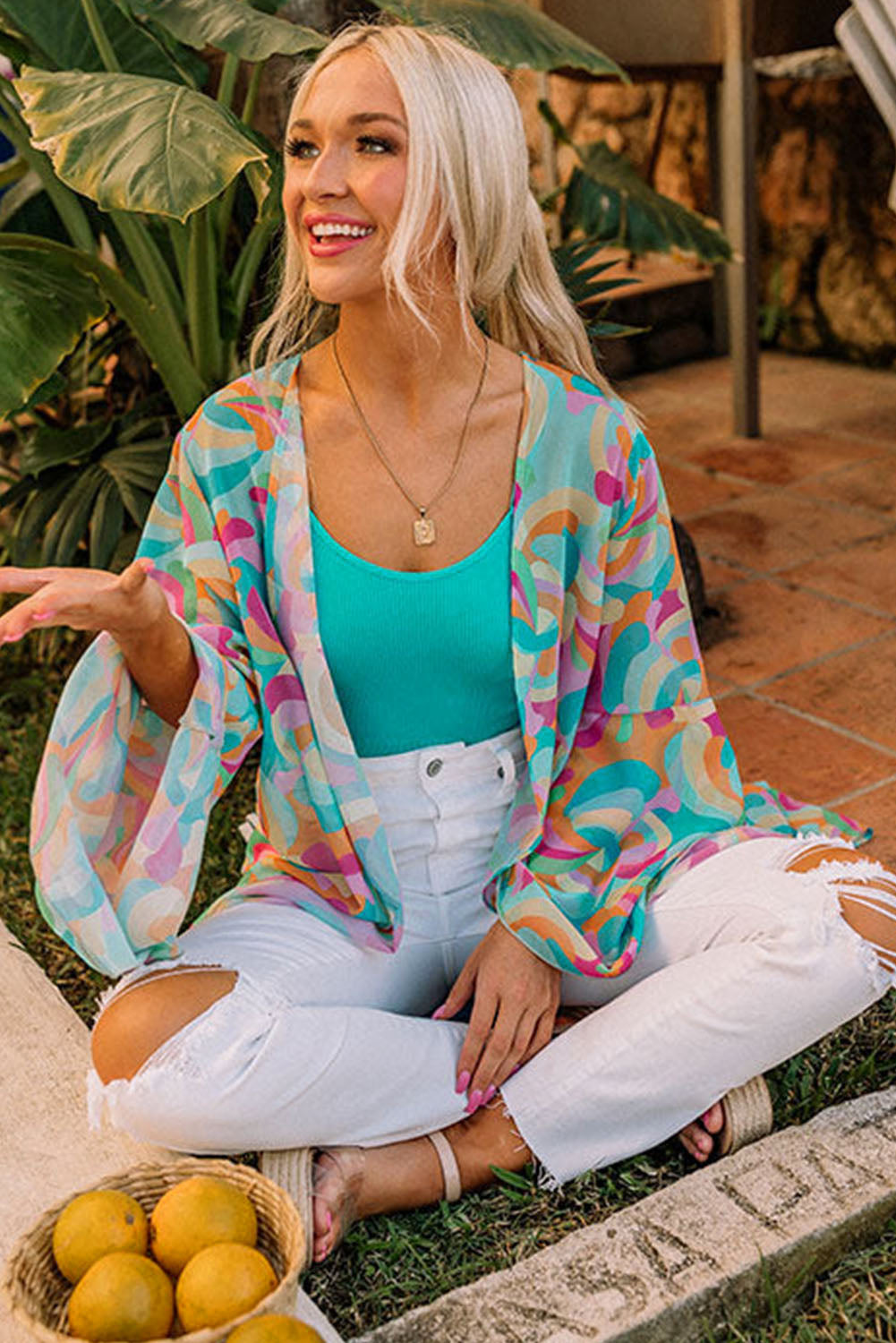 Multicolor Printed Double Layered Bell Sleeve Long Flowy Cardigan Kimonos JT's Designer Fashion