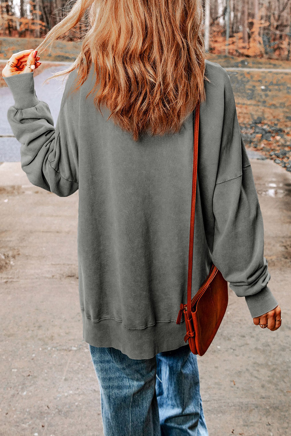 Gray Slogan Print Side Split Oversized Sweatshirt Graphic Sweatshirts JT's Designer Fashion