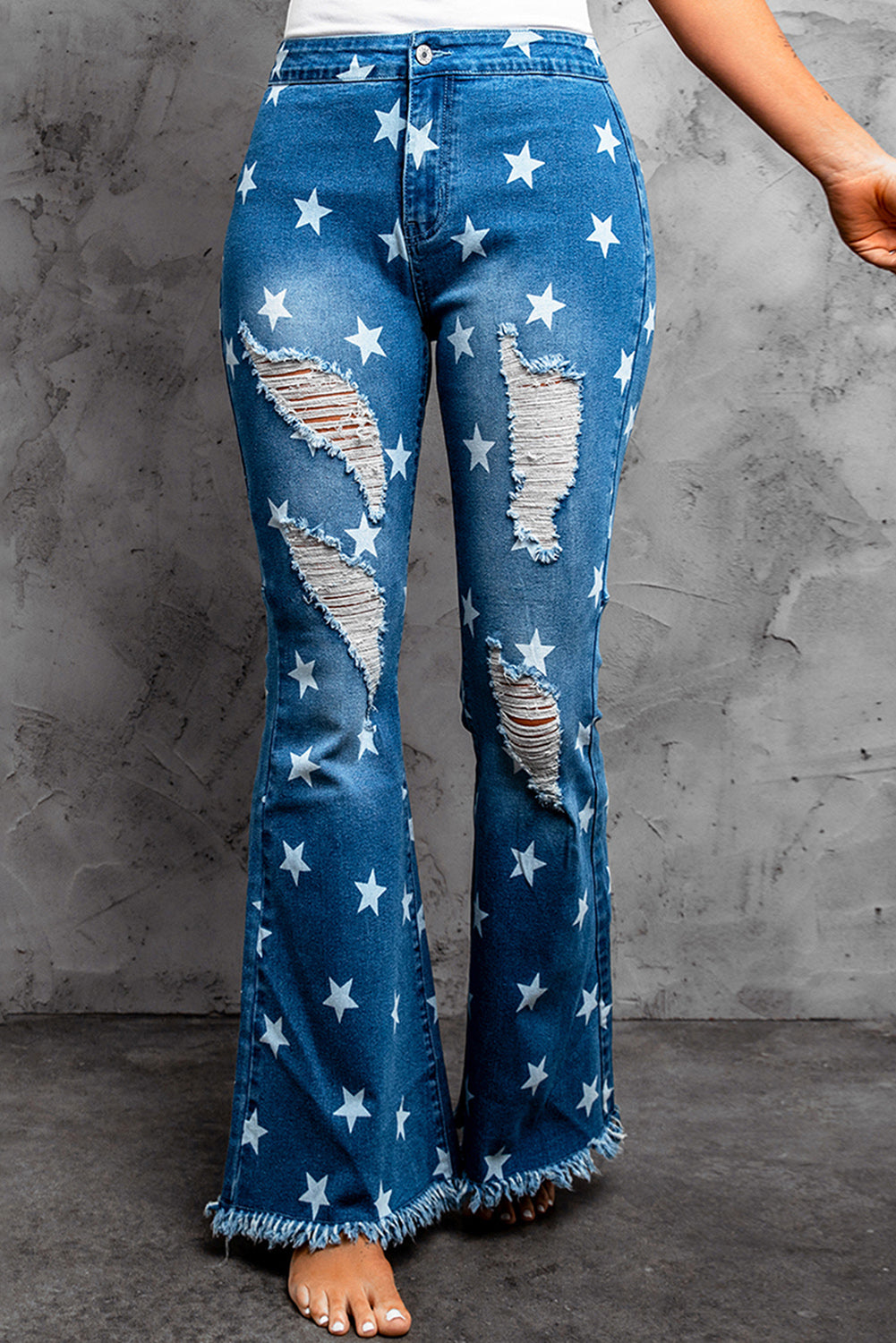 Star Print Distressed Raw Hem Flare Jeans Jeans JT's Designer Fashion