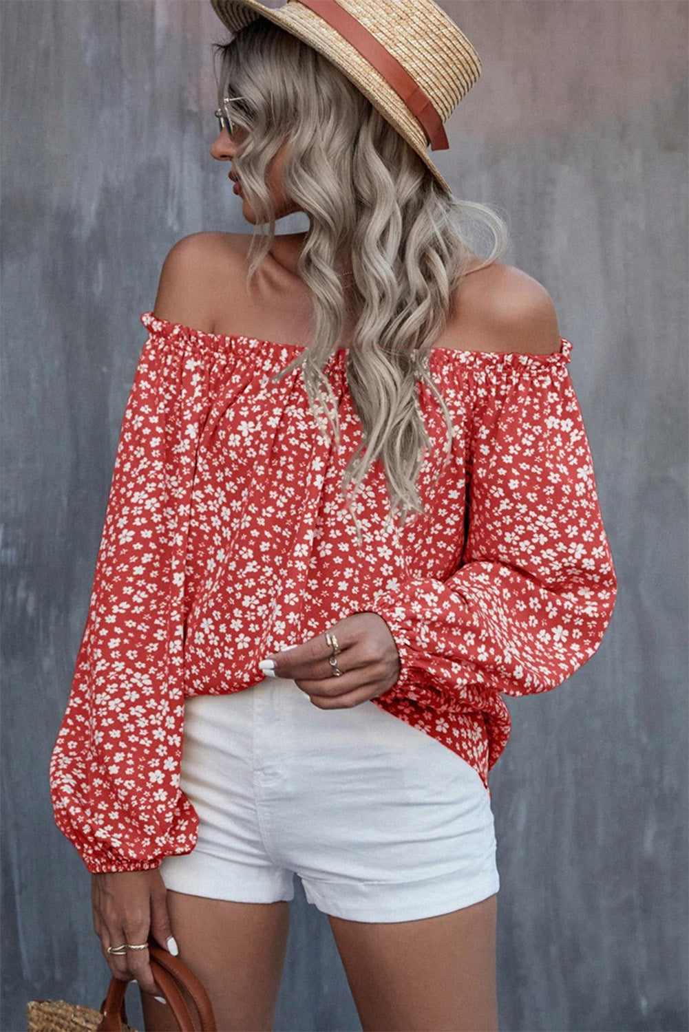 Red Floral Print Frill Trim Off-shoulder Lantern Sleeve Blouse Tops & Tees JT's Designer Fashion