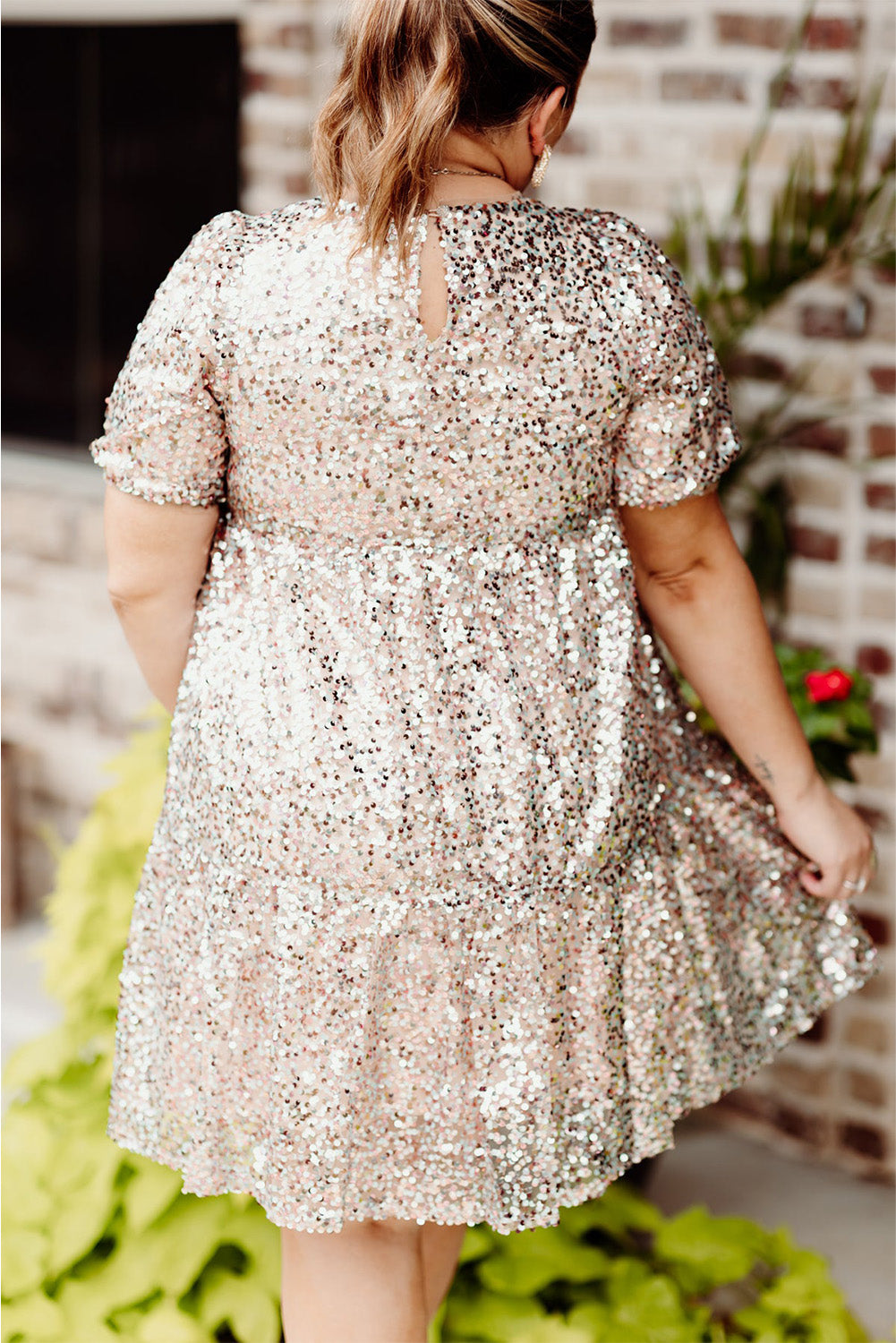 Apricot Plus Size Sequin Short Sleeve Babydoll Dress Plus Size JT's Designer Fashion