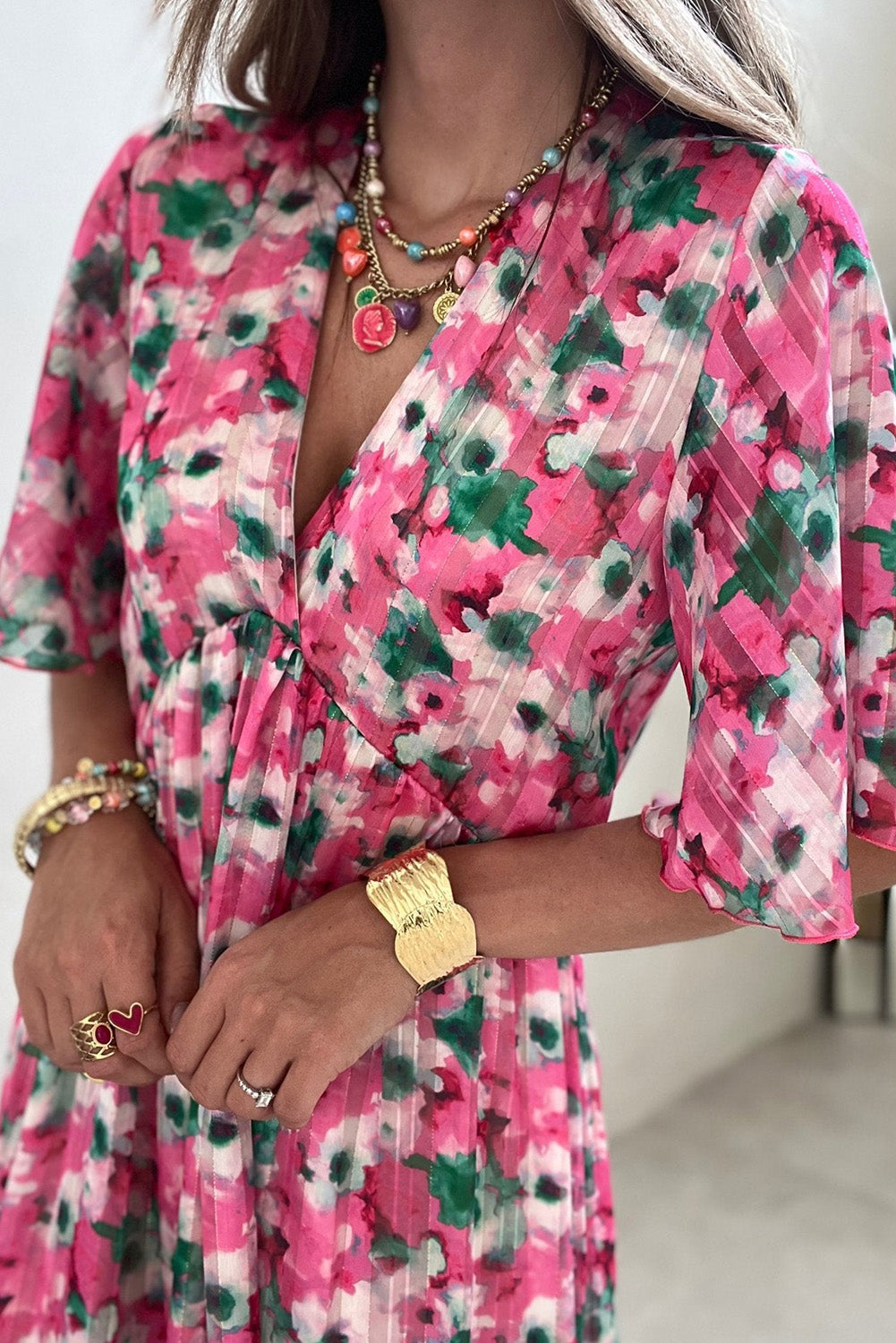 Pink Wide Sleeves Floral Print Maxi Dress Maxi Dresses JT's Designer Fashion