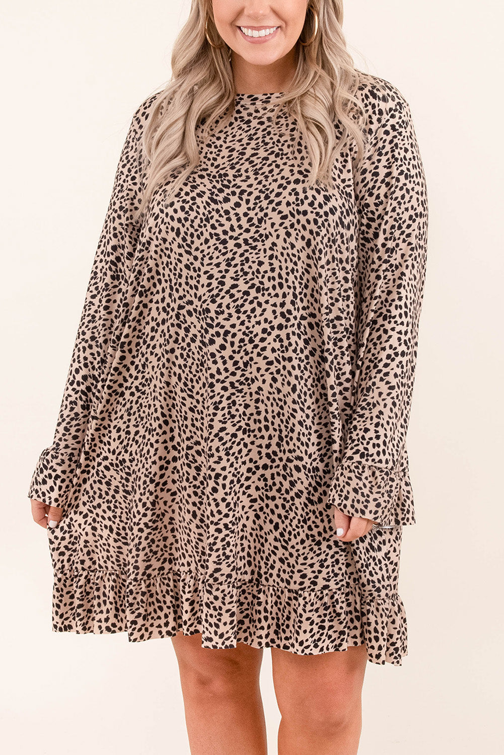 Leopard Ruffle Long Sleeve Plus Size Mini Dress Plus Size JT's Designer Fashion