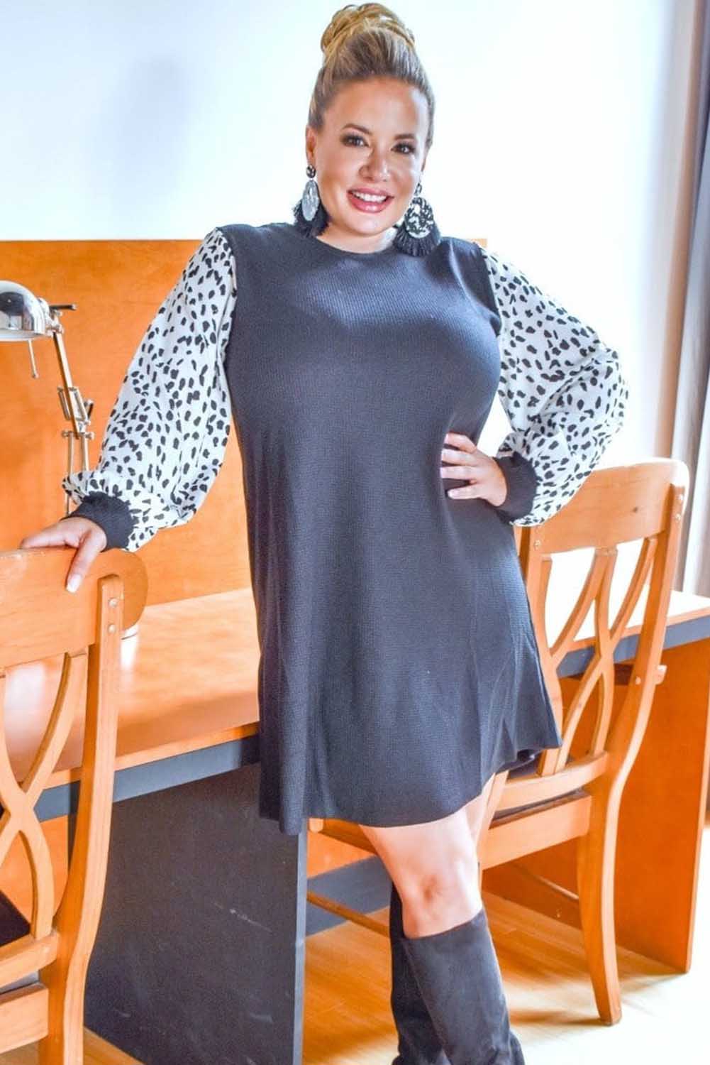 Black Animal Spotted Puff Sleeve Plus Size Waffle Dress Plus Size JT's Designer Fashion