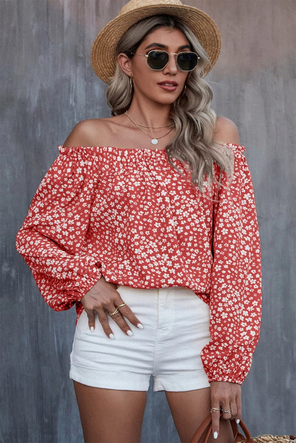 Red Floral Print Frill Trim Off-shoulder Lantern Sleeve Blouse Tops & Tees JT's Designer Fashion