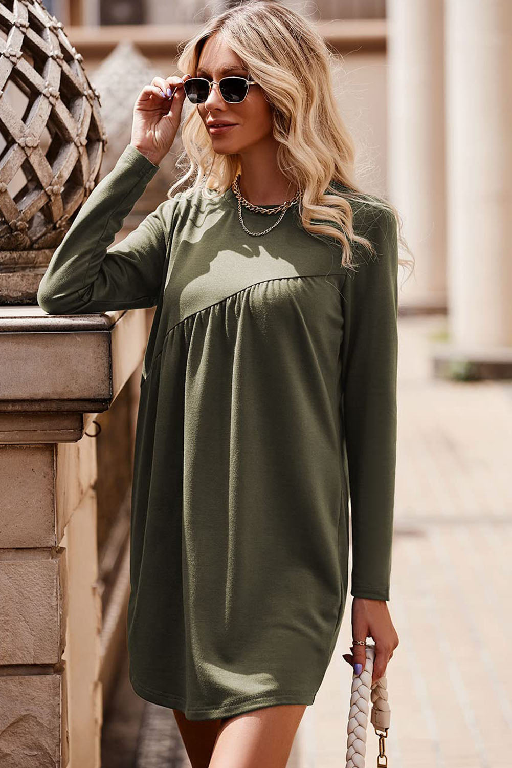 Green Irregular Seam Detail Long Sleeve T-shirt Dress T Shirt Dresses JT's Designer Fashion