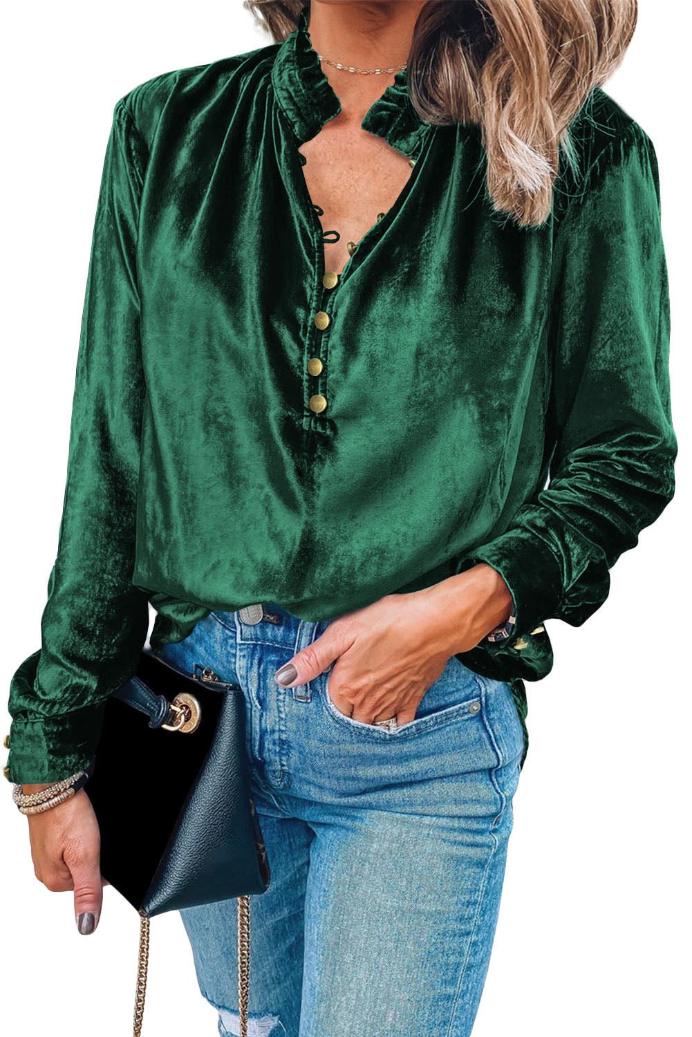 Blackish Green Frilled Neck Buttoned Front Velvet Top Tops & Tees JT's Designer Fashion