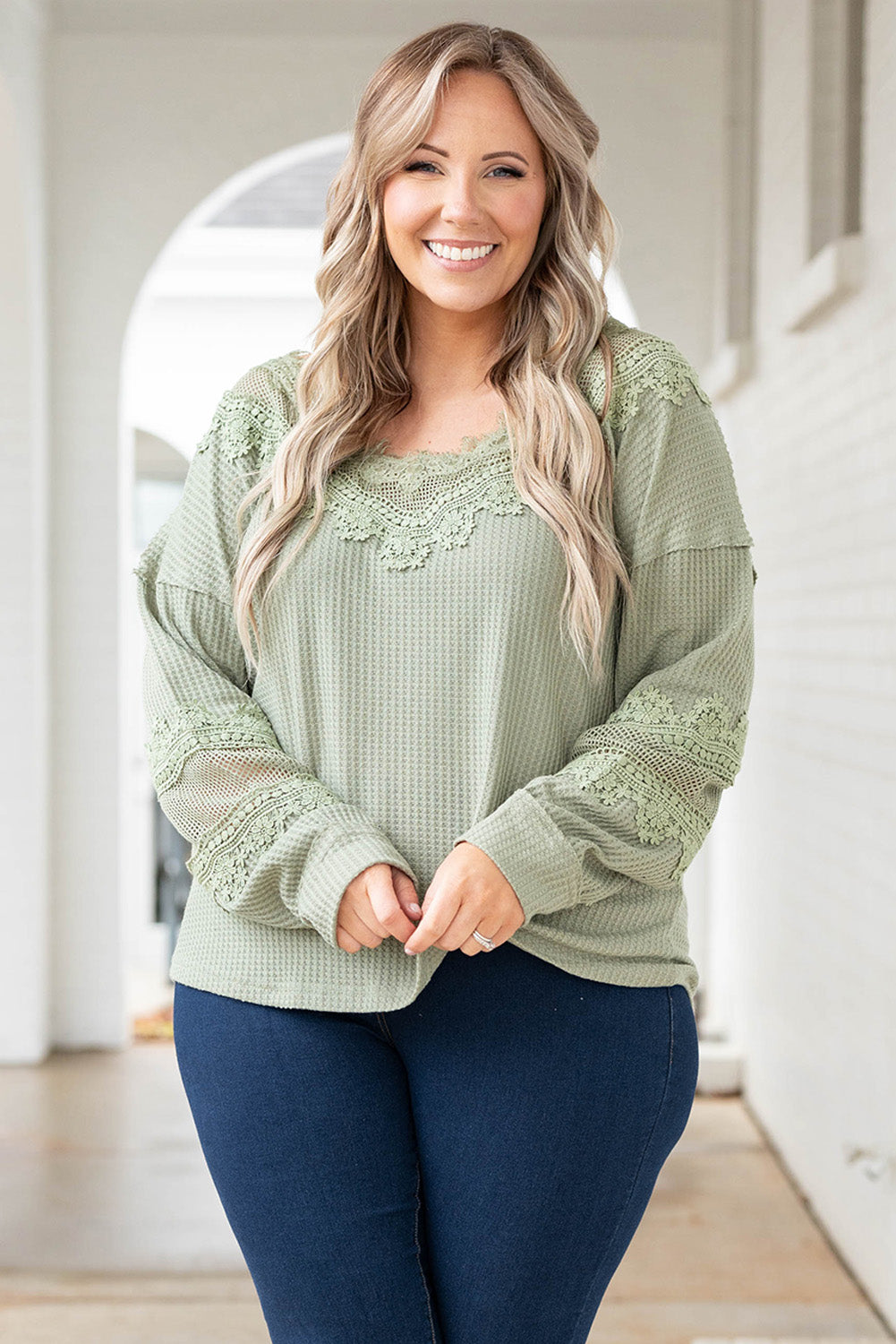 Green Waffled Lace Long Sleeve Plus Size Top Plus Size JT's Designer Fashion