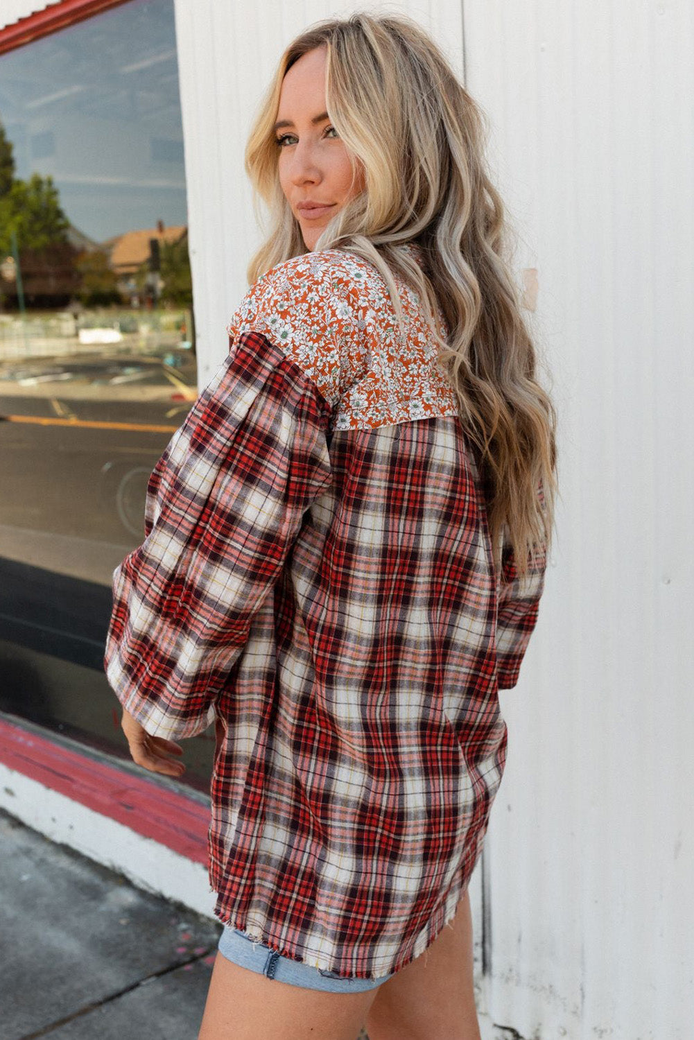 Red Floral Plaid Mixed Print Bishop Sleeve Patchwork Top with Slits Tops & Tees JT's Designer Fashion